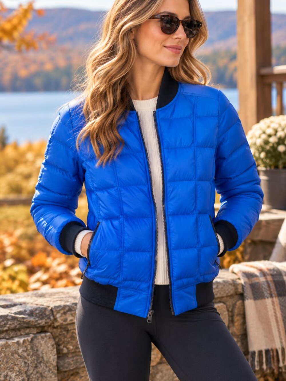 Athleta Dobby Goose Down Puffer Bomber Jacket Womens S Macaw Blue 1449